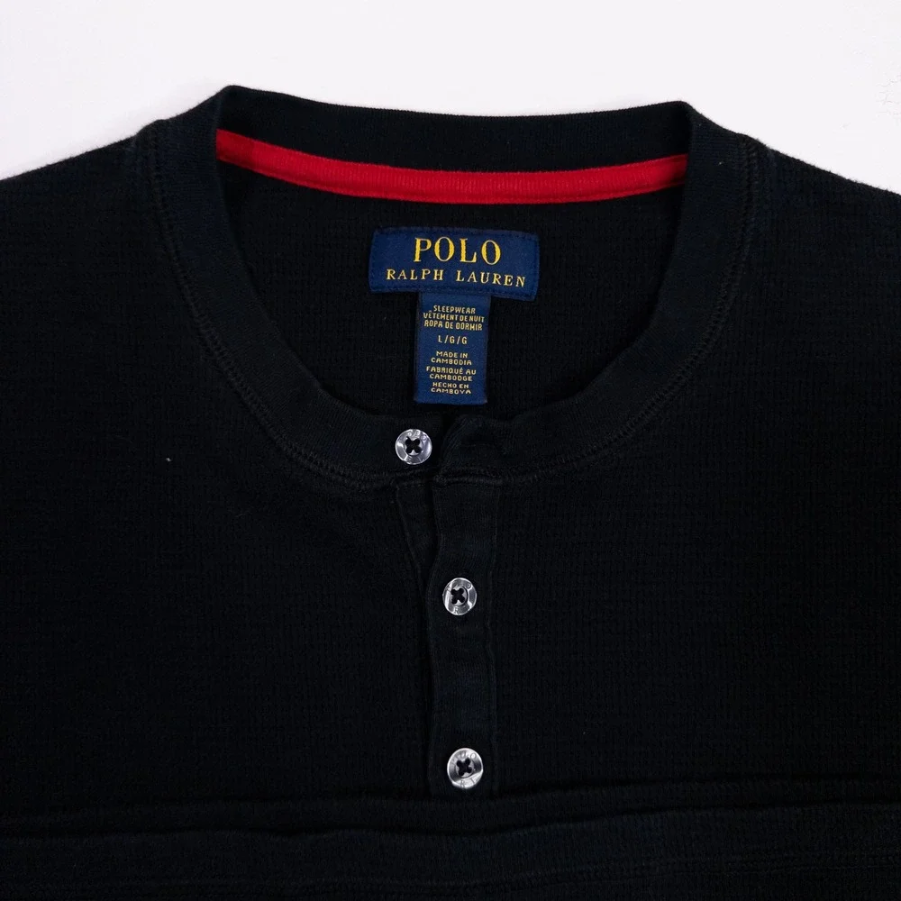 Polo Ralph Lauren Henley Shirt Mens Large Black Waffle Knit Thermal